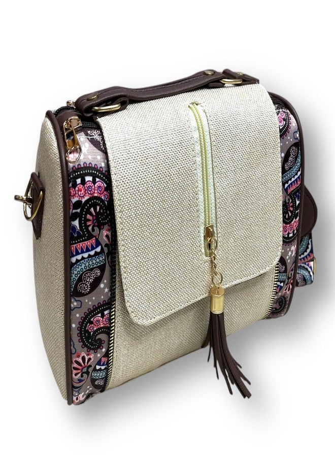SHIVKARI Jacquard Chain Flap Duffle Stylish Textured Sling Bag Women Ladies Purse for Women & Girls - Beige Line - Image 2